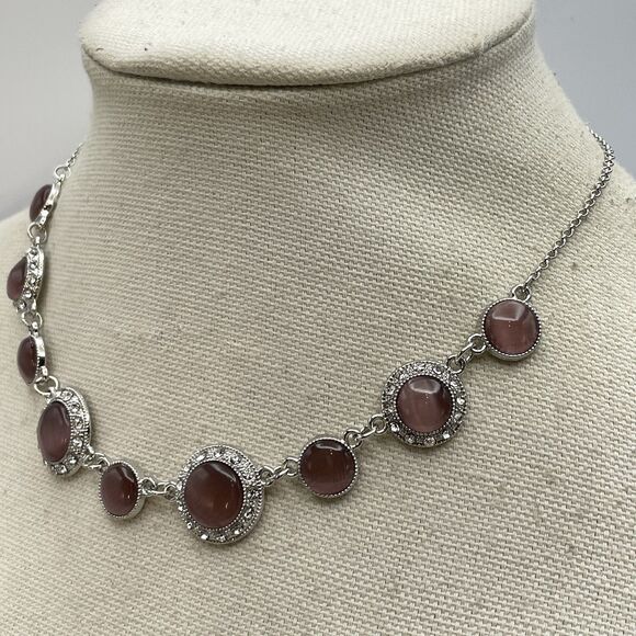 Silver Tone Purple Glass Cat Eye Round Rhinestone Boho Necklace Fashion Collar - Picture 4 of 8